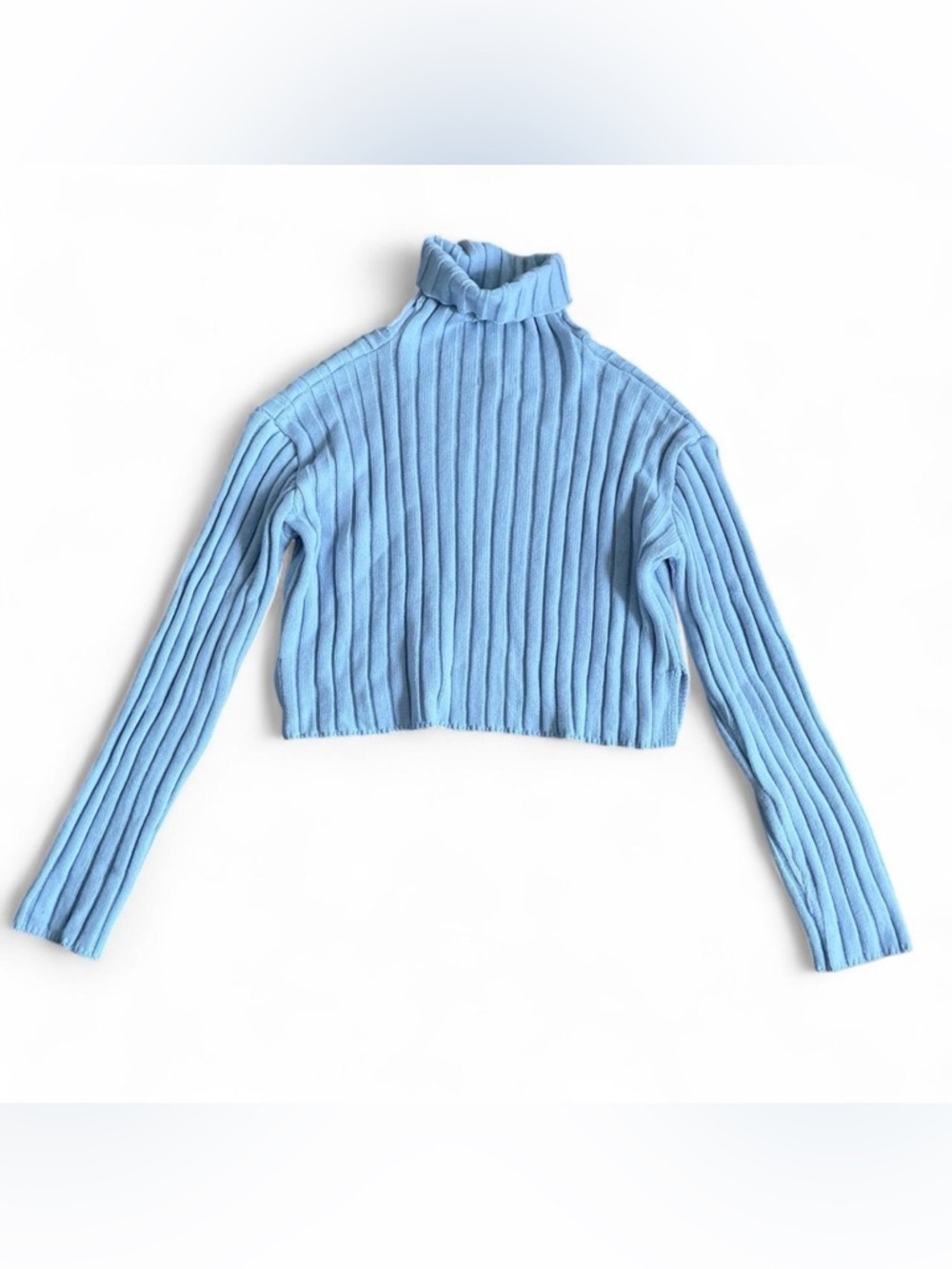Light Blue Ribbed Cropped Turtleneck Sweater